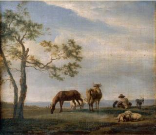 Adriaen van de Velde - An extensive landscape with a herdsman with cattle, goats and a horse