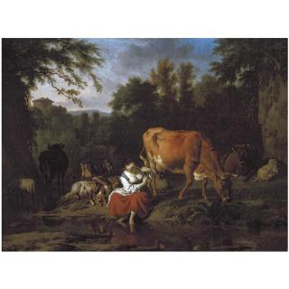 Adriaen van de Velde - An Italianate Landscape With A Herding Girl Seated By A Stream With Cattle, Sheep And Goats Behind Her
