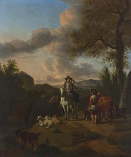 Adriaen van de Velde - An italianate landscape with a man and a woman on a white horse, asking directions from a herder