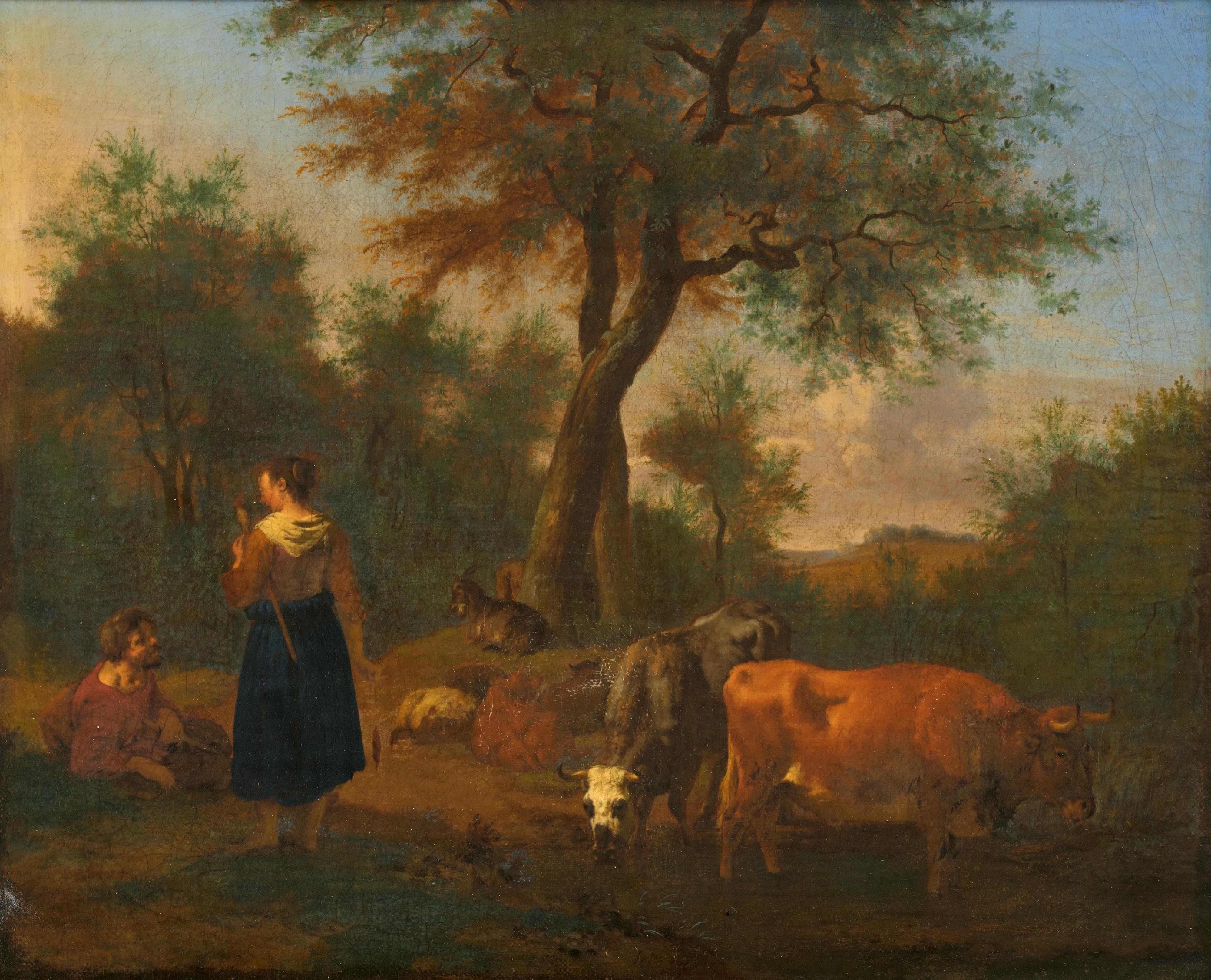 Adriaen van de Velde - Baumbestandene Landschaft mit Hirten, Kühen, Schafen und Ziegen