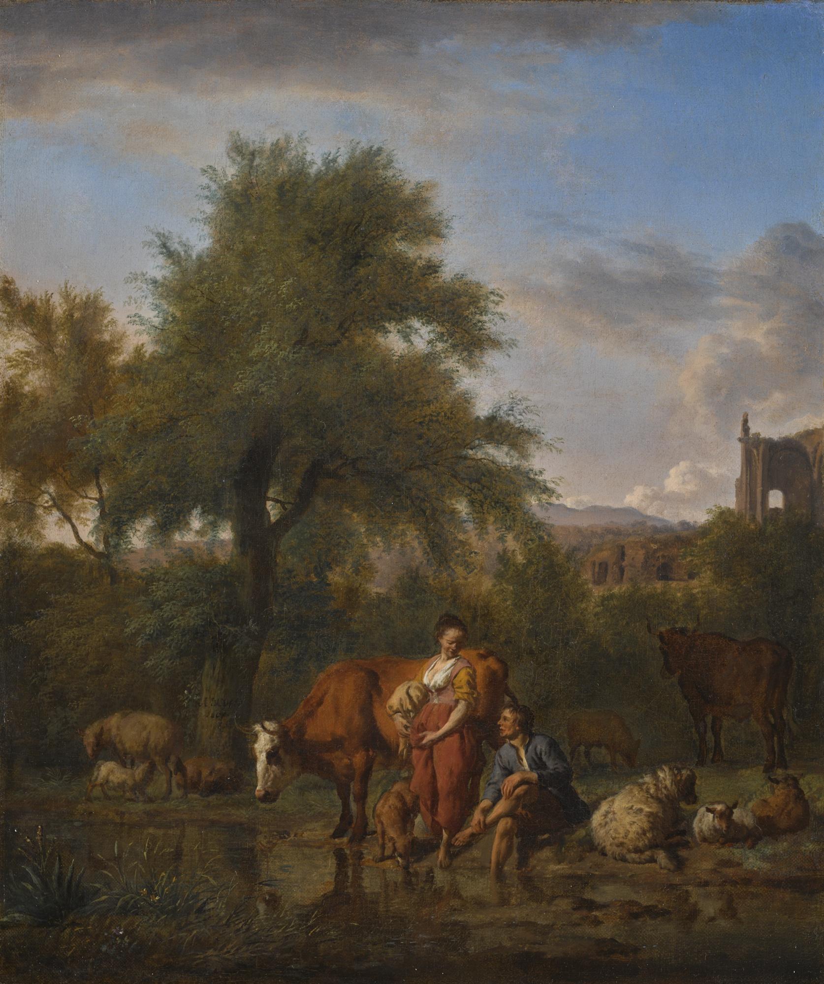 Adriaen Van De Velde - Figures Watering Their Cattle With Their Flock, Ruined Buildings Beyond