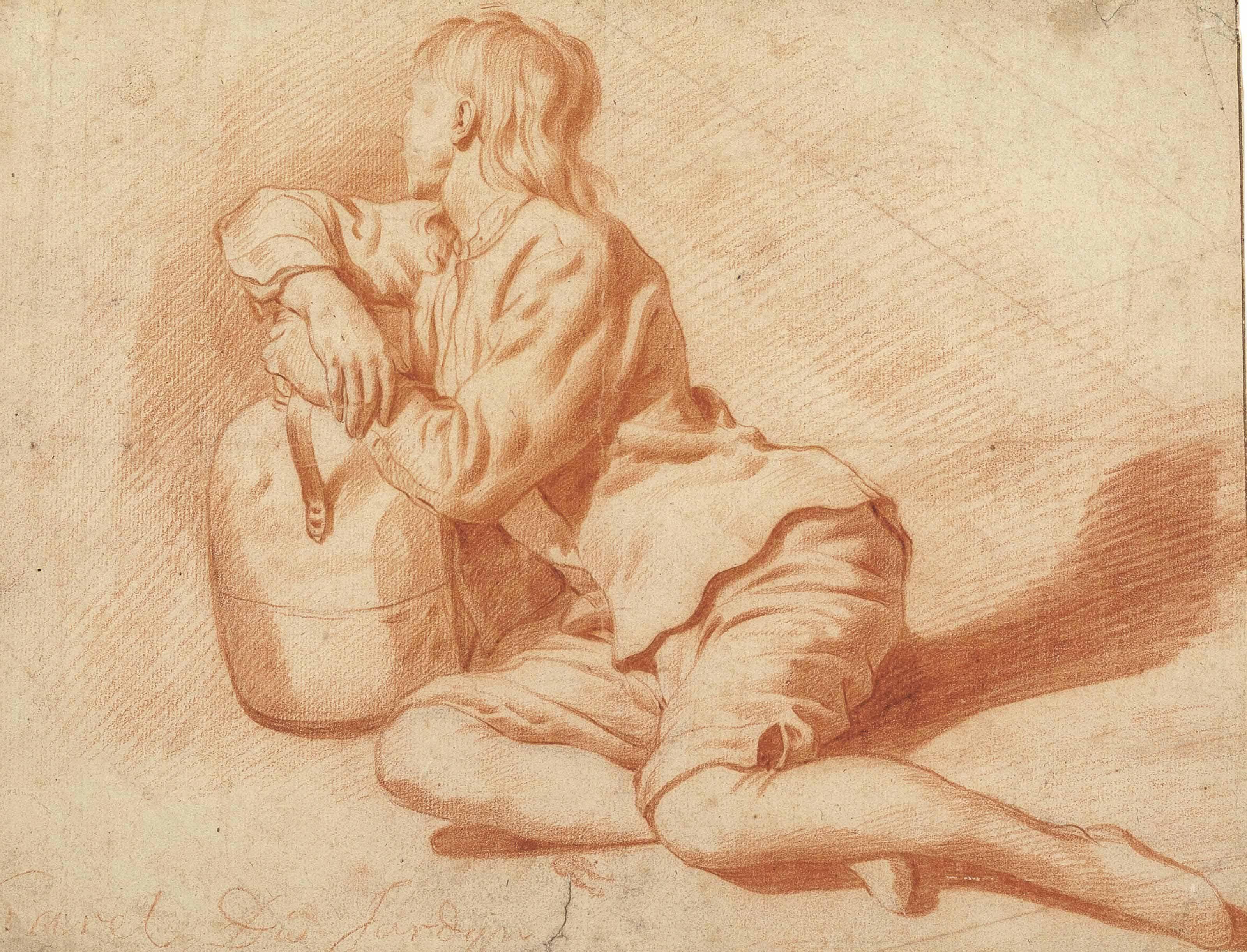 Adriaen Van De Velde - Study Of A Seated Boy Leaning On A Flagon