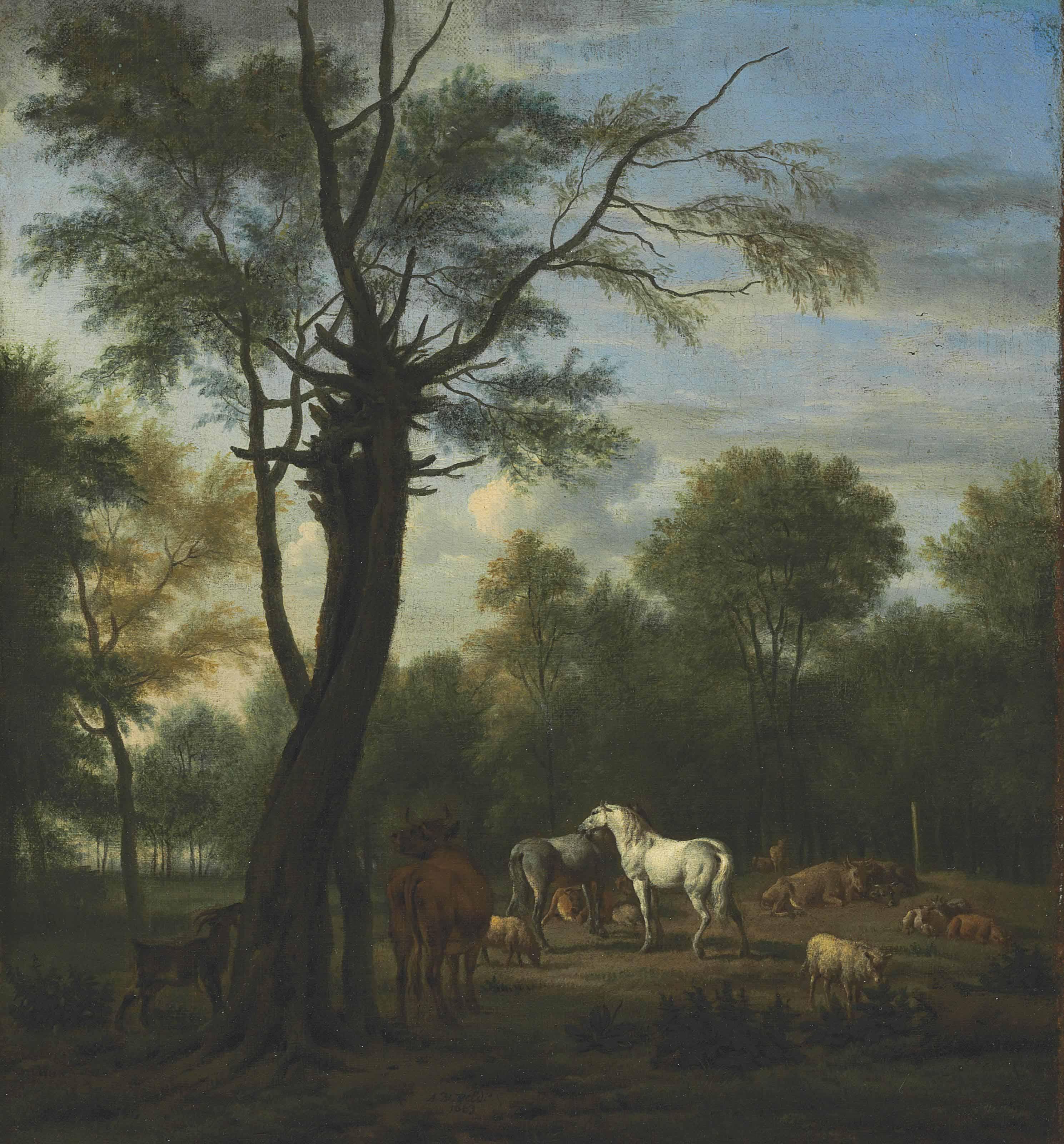 Adriaen Van De Velde - Two Horses, Cows, Sheep And Goats In A Woodland Clearing