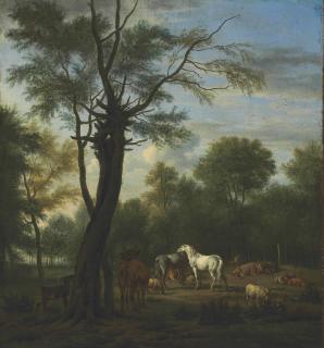 Adriaen Van De Velde - Two Horses, Cows, Sheep And Goats In A Woodland Clearing