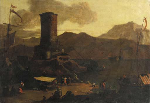 Adriaen van der Kabel - A Mediterranean coastal landscape with fishermen and merchants on a quay by a ruined tower, at sunset