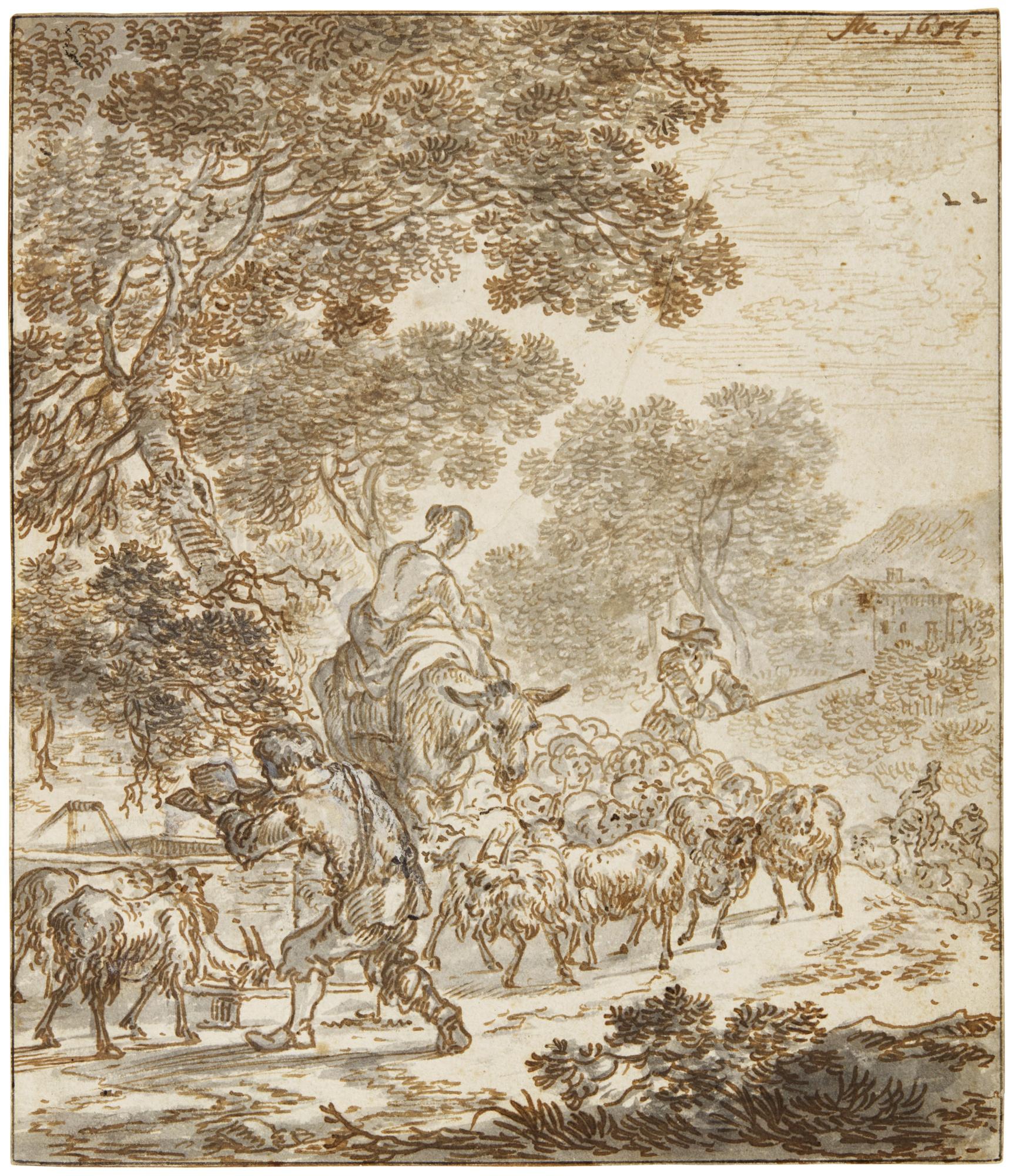 Adriaen Van Der Kabel - A Wooded Landscape With Herders And Their Animals Near A Water Trough