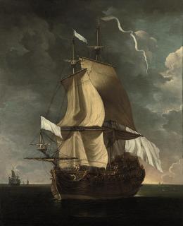 Adriaen van Diest - A French man-o\'war heaving-to at sea