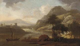 Adriaen Van Diest - A Rhenish river landscape with figures by a boat