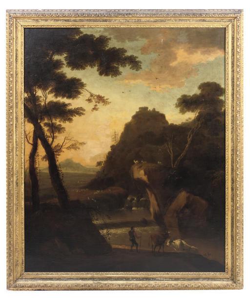 Adriaen Van Diest - An Italianate rocky landscape with a drover and cattle before a stream, goats on a rocky outcrop beyond