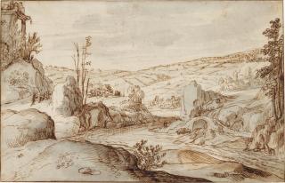 Adriaen Van Nieulandt The Younger - Rocky river landscape with a Herdsman on a road to the left