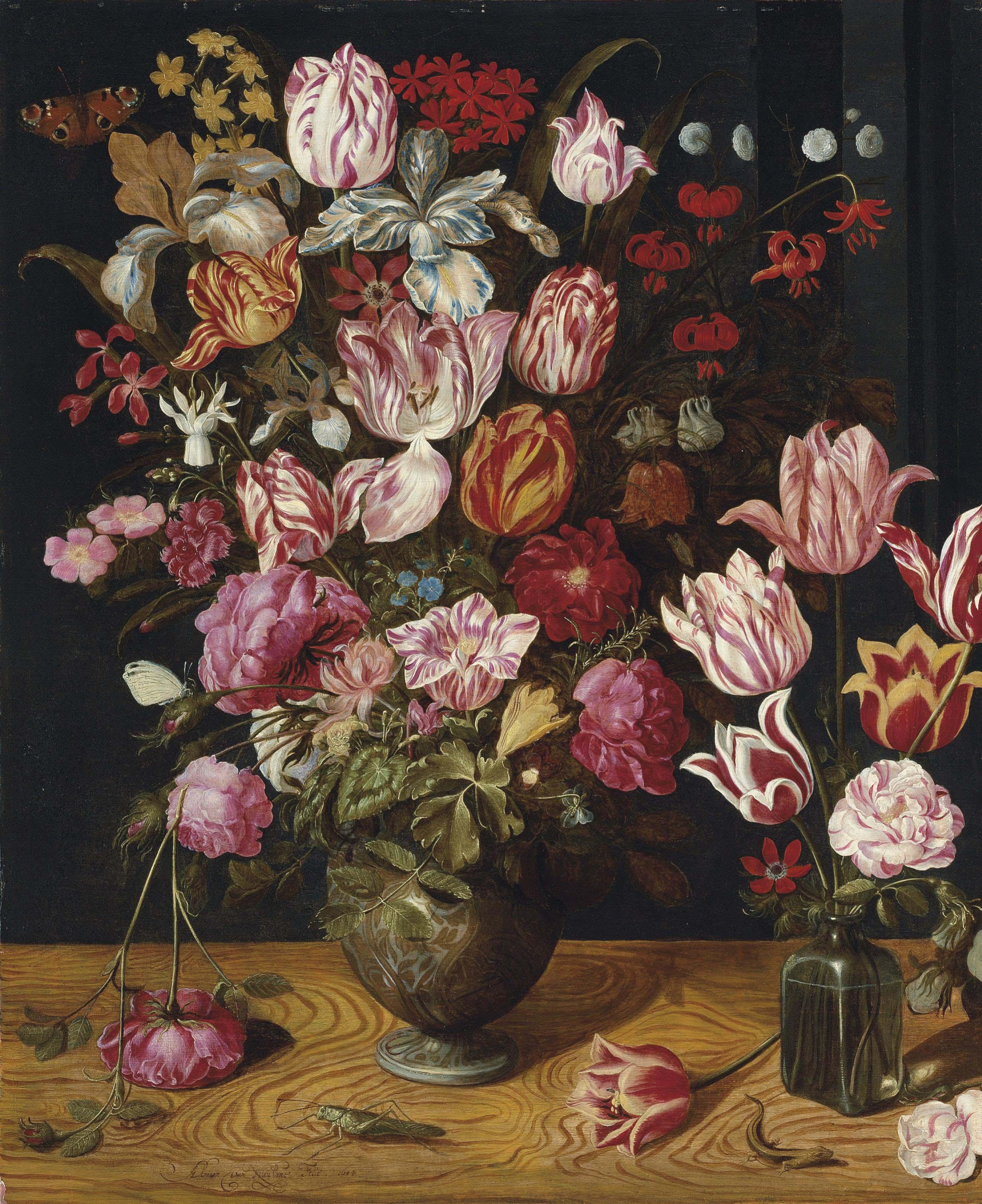 Adriaen van Nieulandt - Tulips, roses, Turk\'s cap lilies, columbines, carnations and other flowers  in a ceramic vase, with tulips in a glass vase, on a wooden ledge, with a peacock butterfly, a grasshopper and a lizard