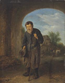 Adriaen Van Ostade - A Mendicant With A Walking Stick Under An Archway, Travellers By An Inn Beyond