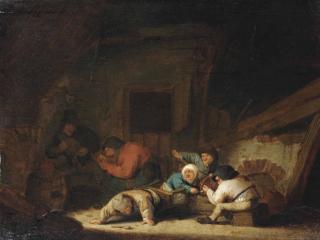 Adriaen Van Ostade - A peasant family making merry in a barn