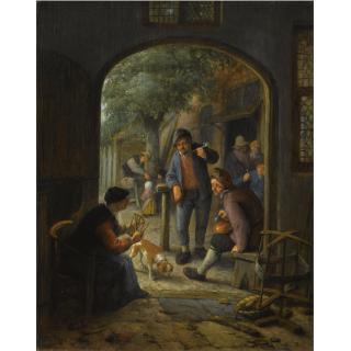 Adriaen van Ostade - A Spinner Conversing With Two Smoking And Drinking Peasants At The Court-Yard Of An Inn, Figures And Children In The Background