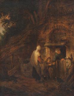 Adriaen van Ostade - Almosenempfänger vor der geöffneten Tür eines Bauernhauses