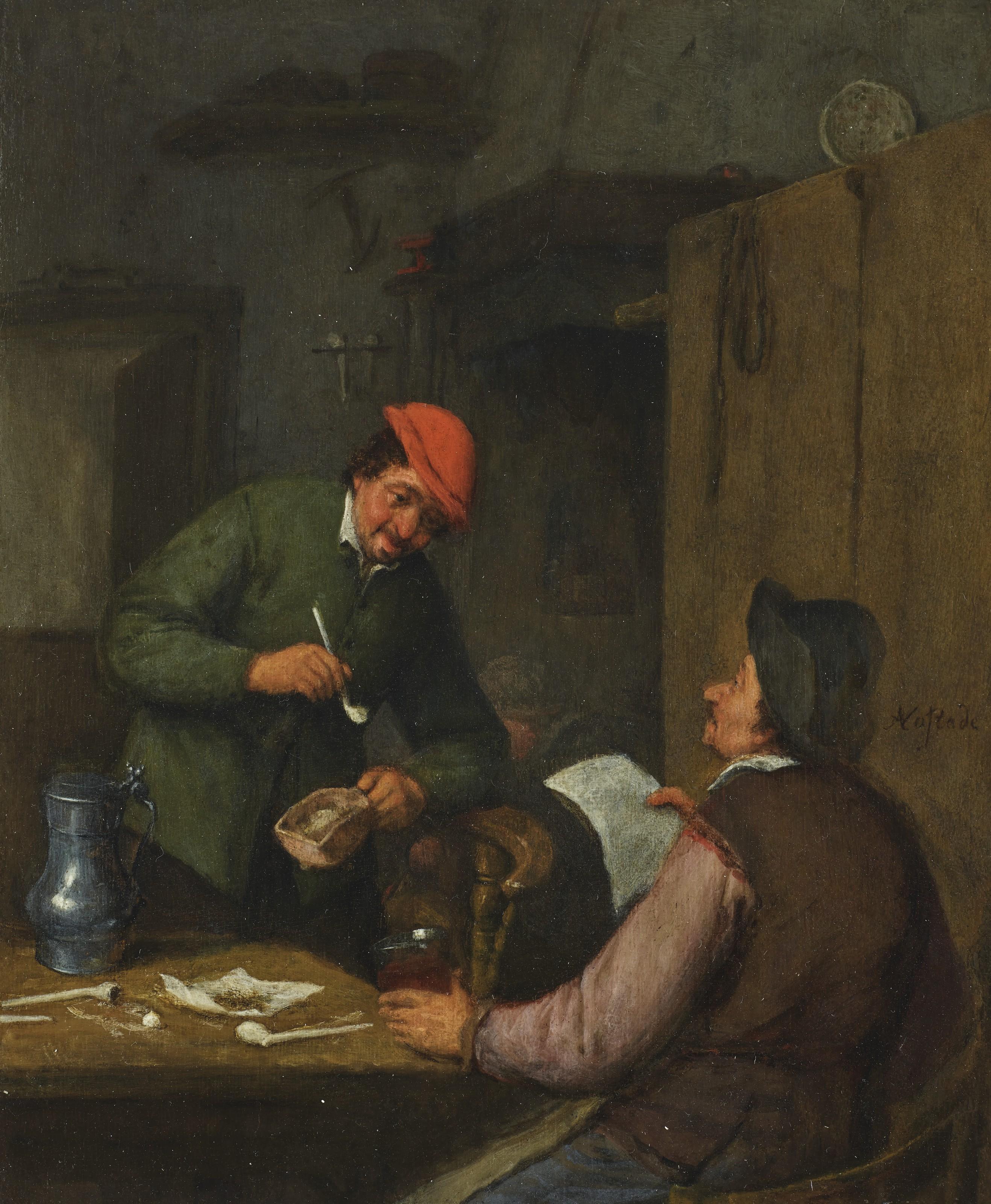 Adriaen Van Ostade - Two peasants smoking, drinking and reading at an inn