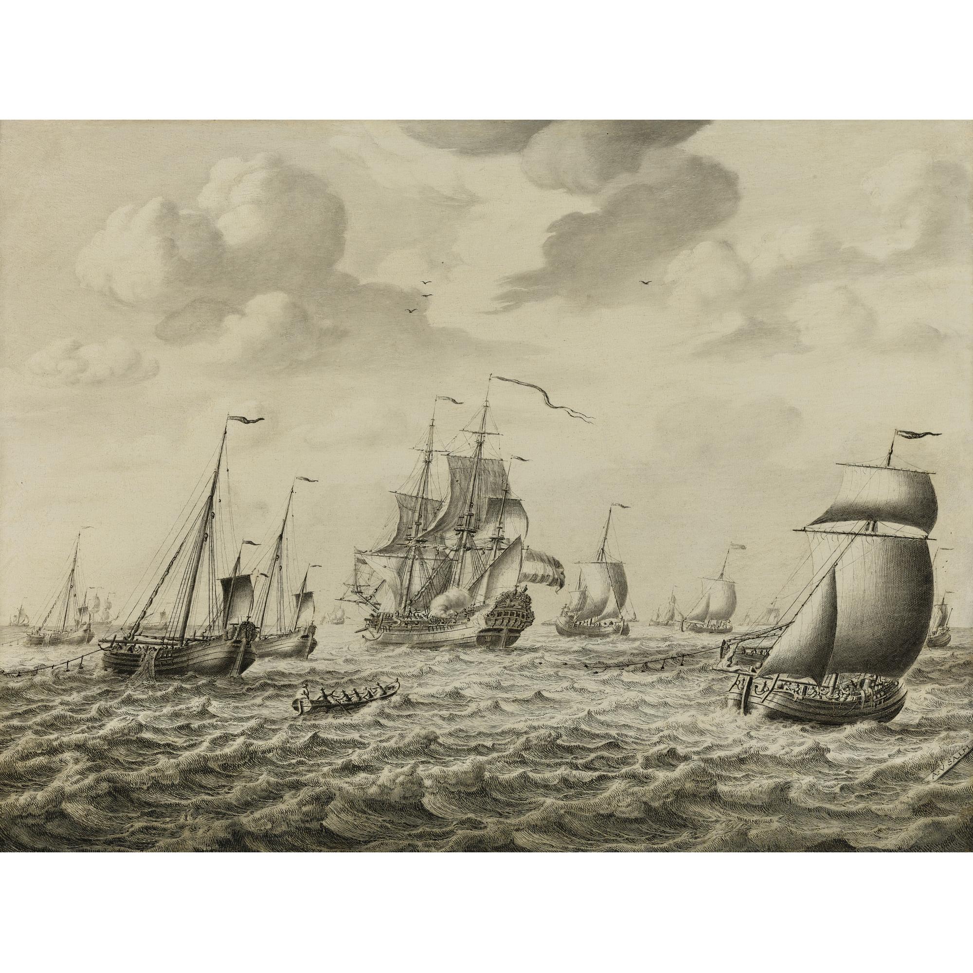 Adriaen Van Salm - A Dutch Man-Of-War Firing A Salute, With A Flotilla Of Fishing Boats And Other Shipping Beyond: A Penschilderij