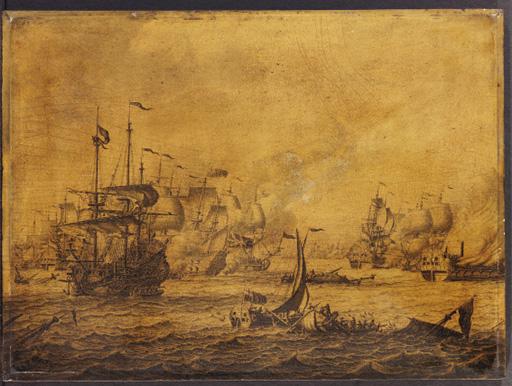 Adriaen van Salm - A naval engagement between English and Dutch men-of-war - a penschilderij