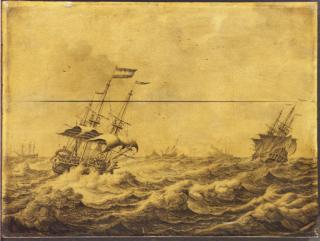 Adriaen van Salm - Dutch Galley Frigates and others shipping in choppy seas - a penschilderij