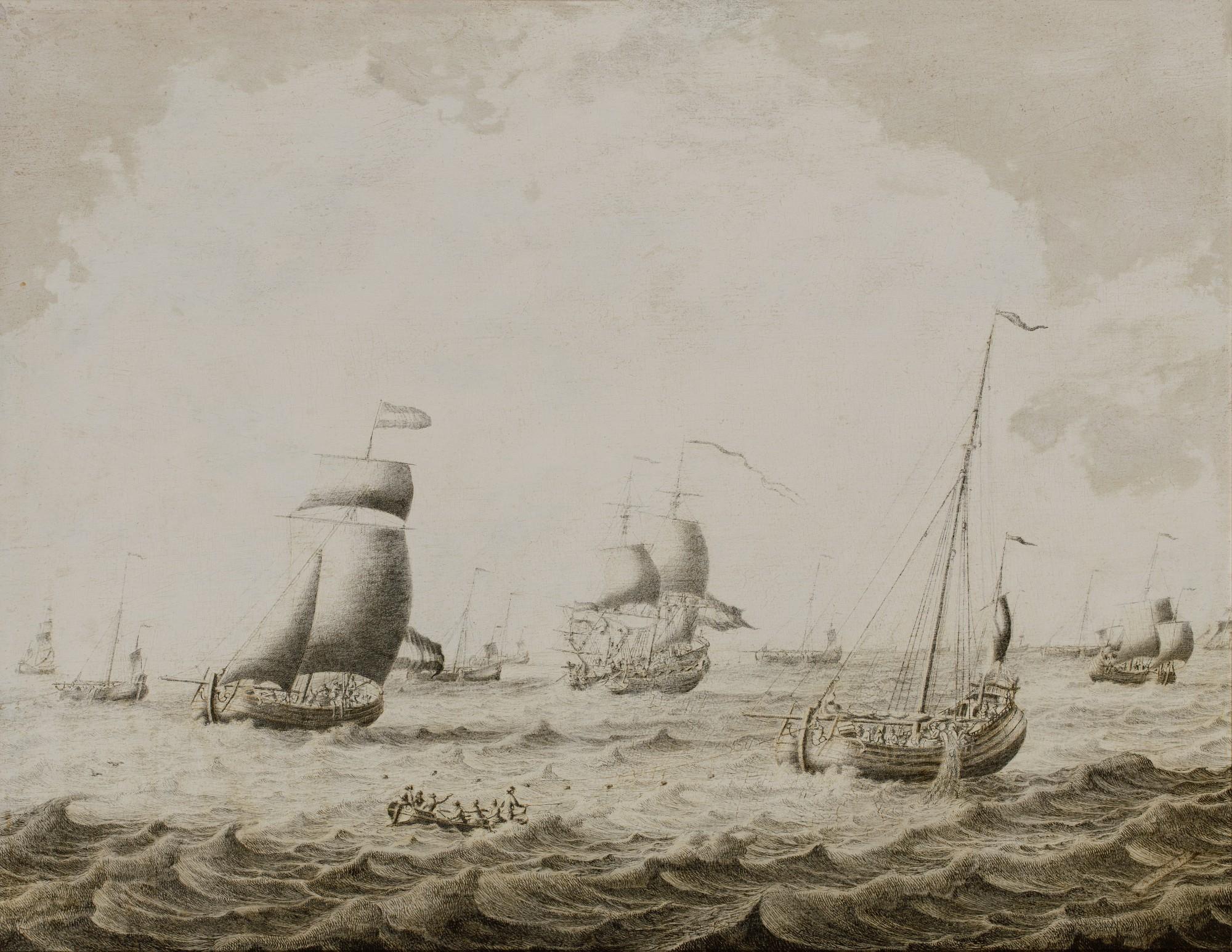 Adriaen Van Salm - River Estuary With Sailing Ships, Fishing Boats, And A Rowing Boat In The Foreground
