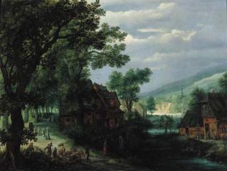 Adriaen Van Stalbemt - A hamlet by a river, with a swineherd and travellers on a track