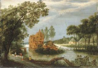 Adriaen Van Stalbemt - A River Landscape With Sportsmen Shooting From A Boat By A Farm And Peasants On A Path