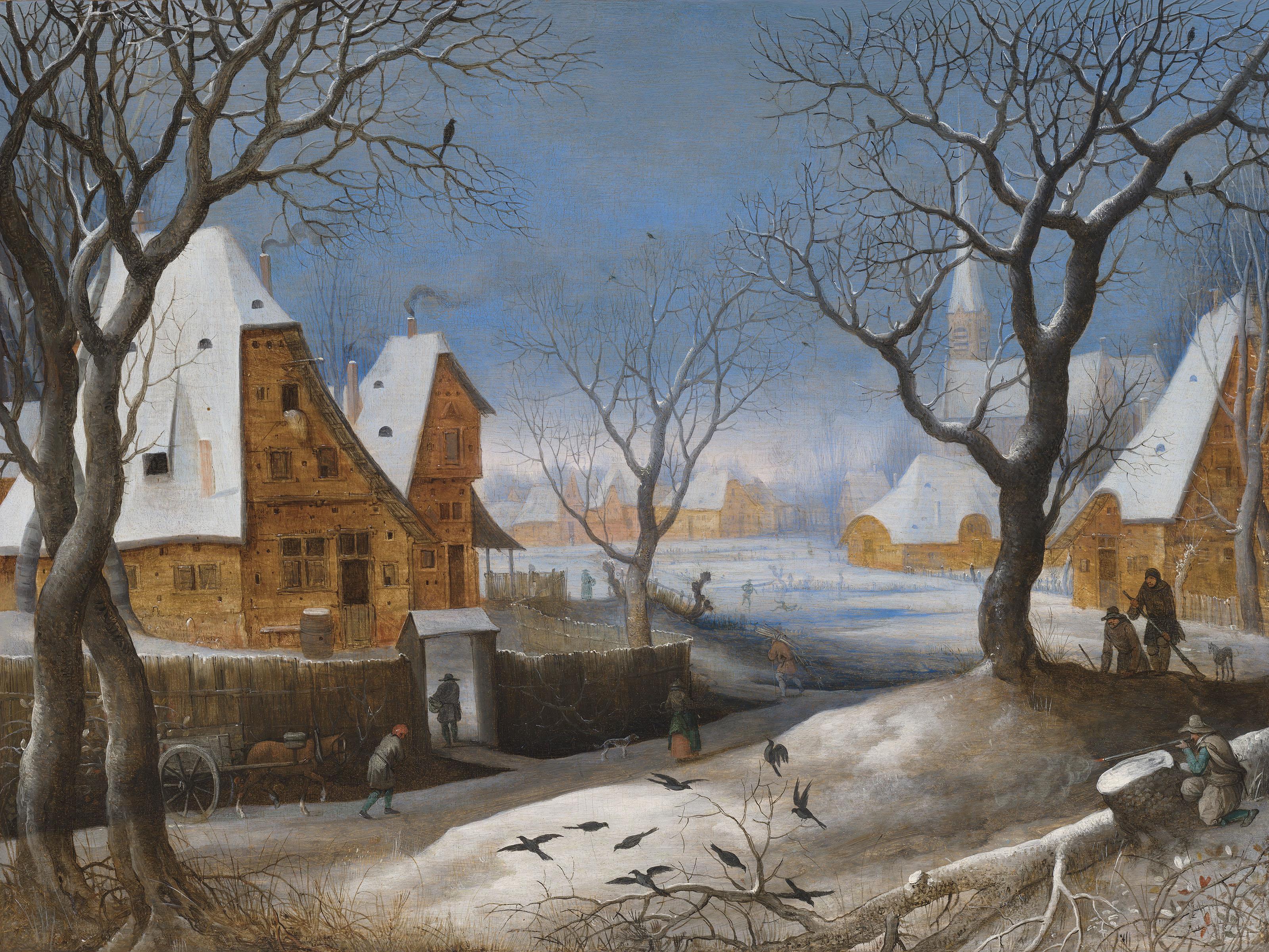 Adriaen Van Stalbemt - A winter landscape, with figures in a village