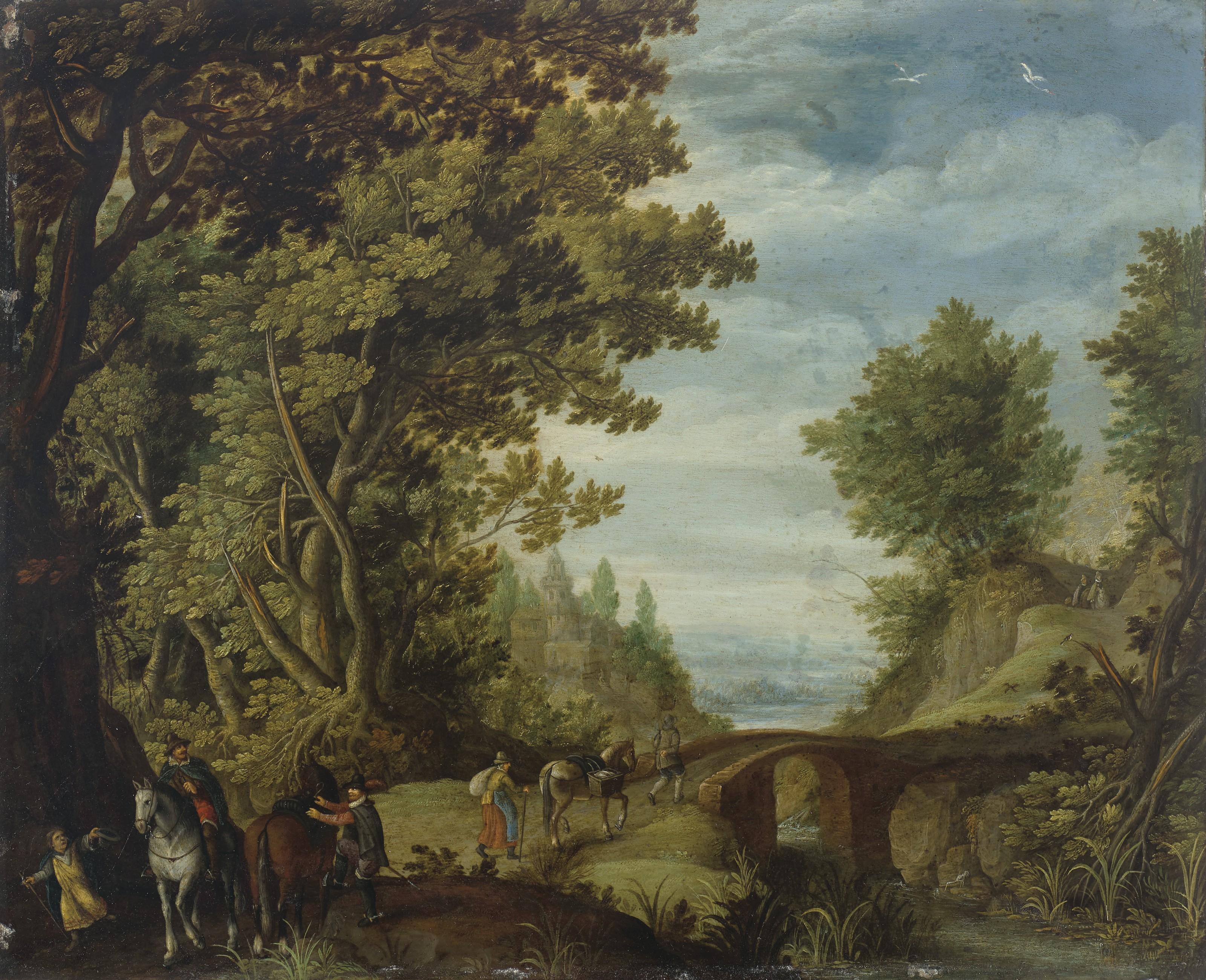 Adriaen Van Stalbemt - A wooded landscape with travelers crossing a bridge