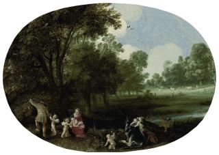 Adriaen van Stalbemt - A wooded river landscape with the Rest on the Flight into Egypt