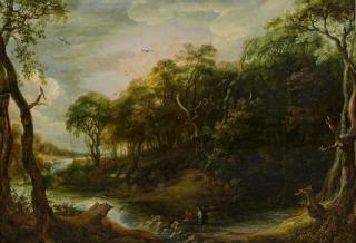 Adriaen van Stalbemt - Bewaldete Flusslandschaft mit Tobias und dem Engel