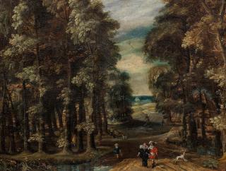 Adriaen van Stalbemt - Elegant figures in a wooded landscape
