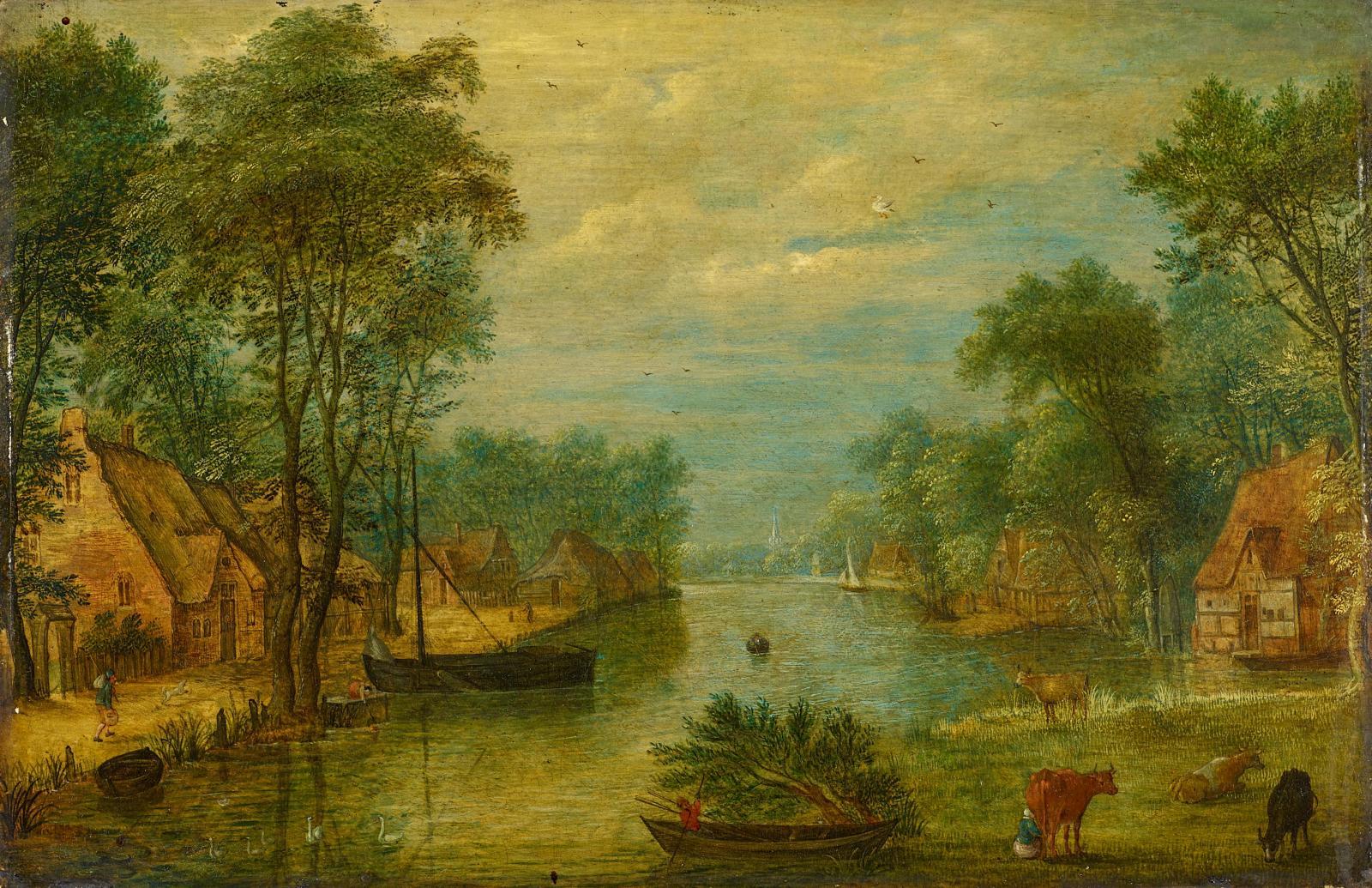 Adriaen van Stalbemt - Holländische Flusslandschaft mit Bauernkaten am Wasser.