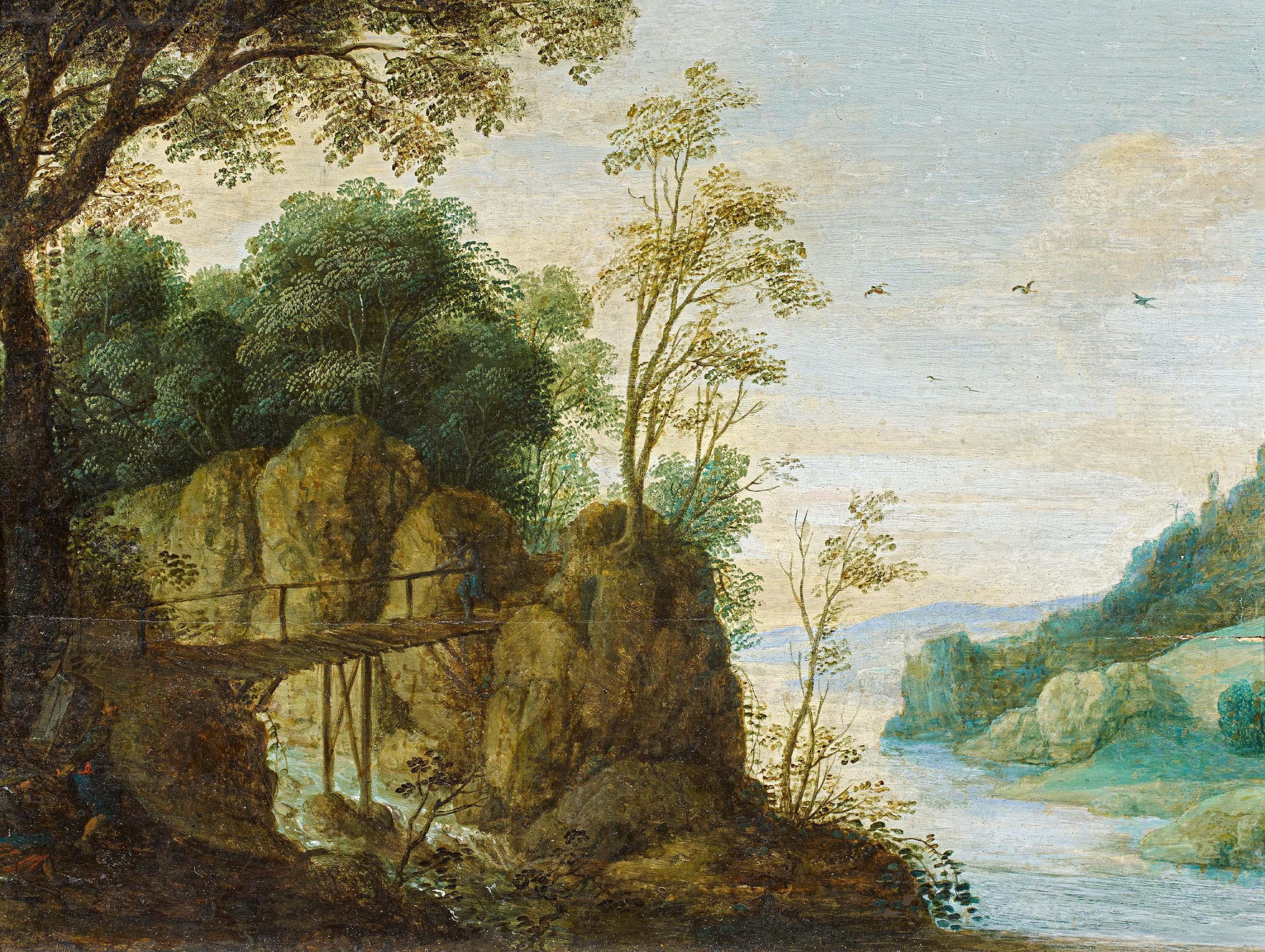 Adriaen van Stalbemt - Landschaft mit Wanderer auf einer Brücke über einen Wildbach