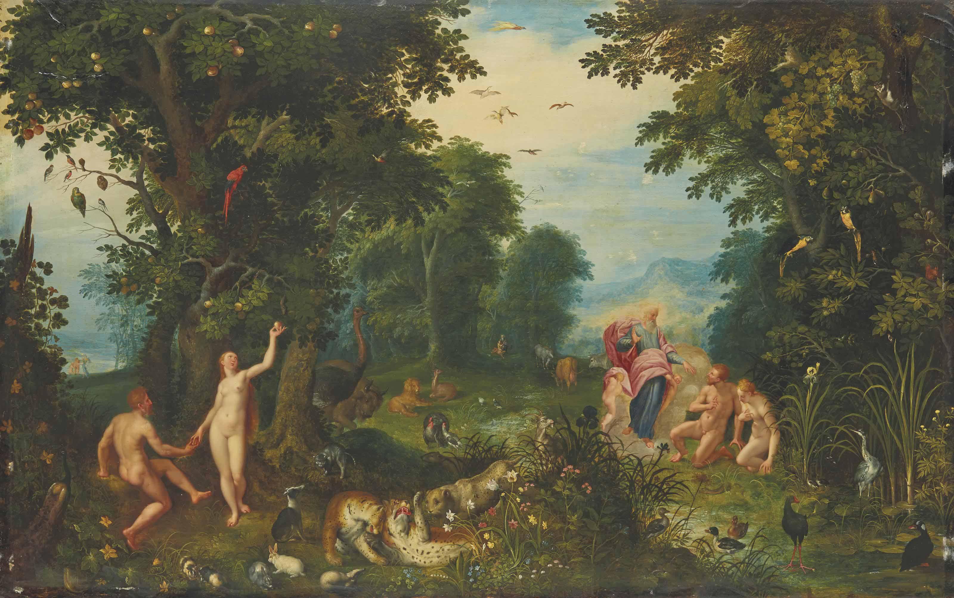 Adriaen Van Stalbemt - Le Paradis terrestre avec la Création d\'Adam et Eve et la Tentation