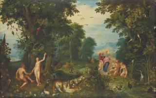 Adriaen Van Stalbemt - Le Paradis terrestre avec la Création d\'Adam et Eve et la Tentation
