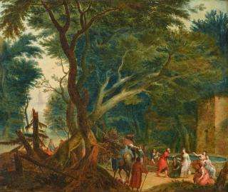 Adriaen van Stalbemt - Rebekka und Elieser am Brunnen in waldiger Landschaft