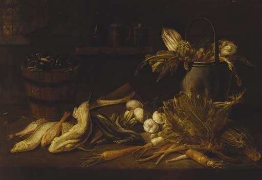 Adriaen Van Utrecht - A barrel of mussels, a dogfish and other fish with turnips, carrots, a cabbage and a bucket with artichokes and asparagus on a ledge