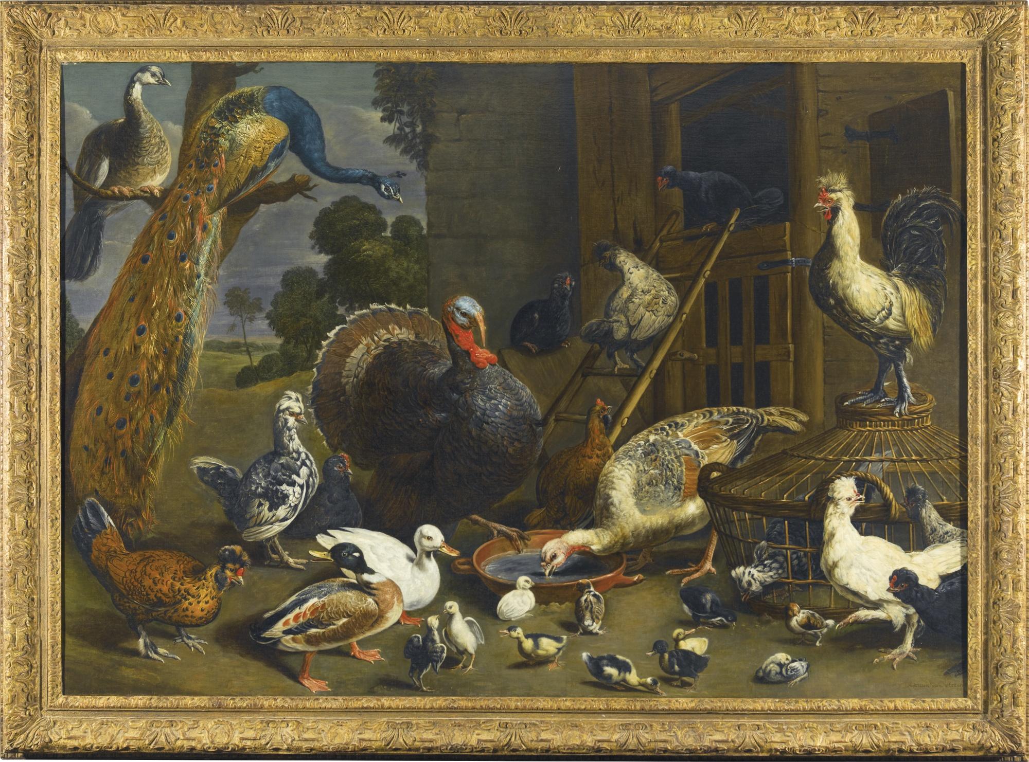 Adriaen Van Utrecht - A Variety Of Birds Including A Peacock, Turkey, Chickens, And Ducks With Their Young Drinking, Playing And Pecking About In A Yard