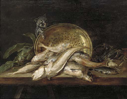 Adriaen Van Utrecht - Fish, crabs, mussels, an artichoke, a copper pot and a cat on a table