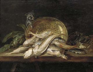 Adriaen Van Utrecht - Fish, crabs, mussels, an artichoke, a copper pot and a cat on a table