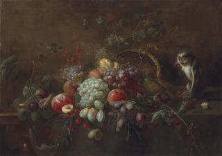 Adriaen van Utrecht - Grapes, apples, plums, figs and other fruit on a partly draped wooden table, a monkey eating walnuts by an upturned woven basket