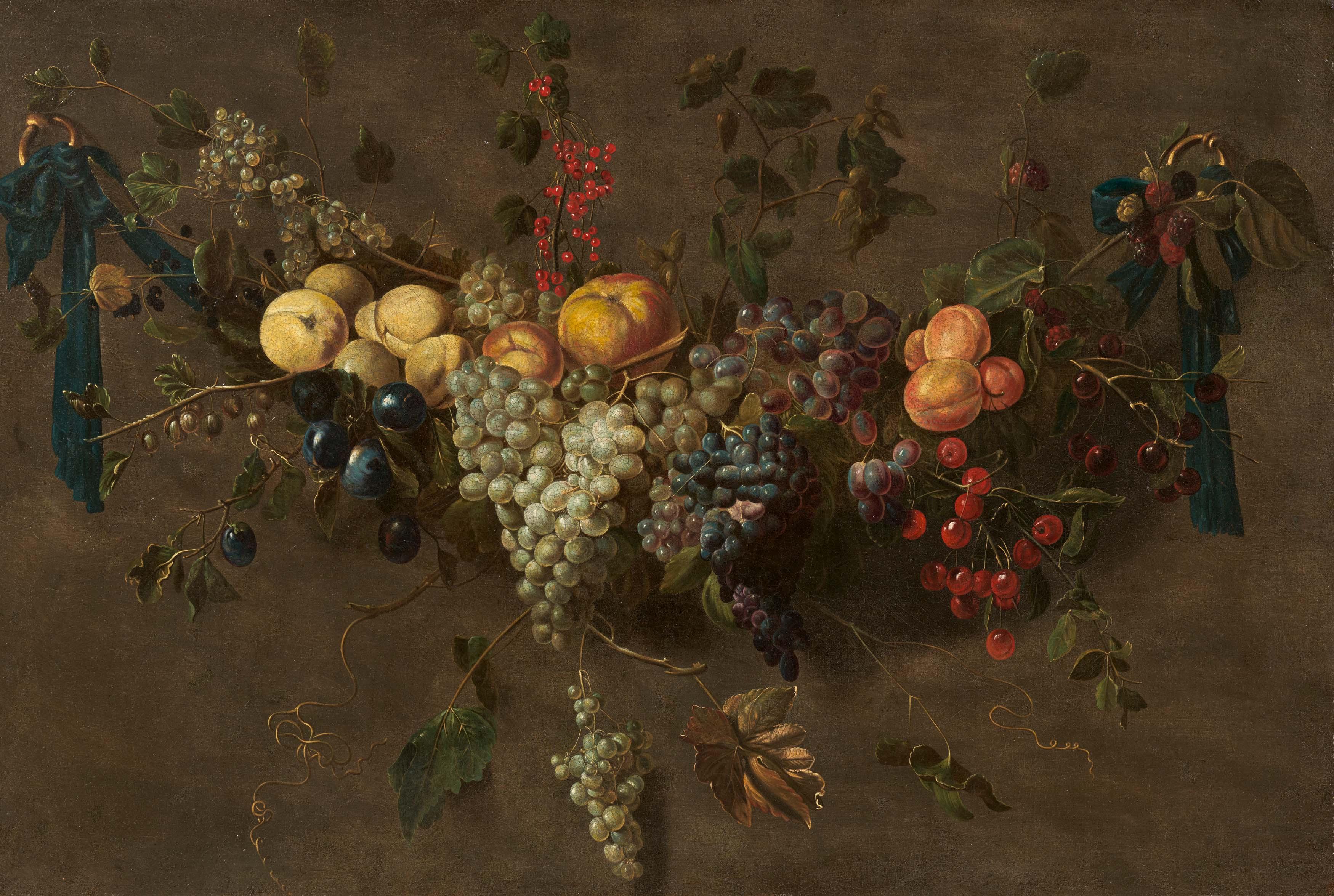 Adriaen Van Utrecht - Große Früchtegirlande mit Weintrauben, Pfirsichen, Kirschen und Beeren.