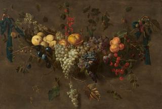 Adriaen Van Utrecht - Große Früchtegirlande mit Weintrauben, Pfirsichen, Kirschen und Beeren.