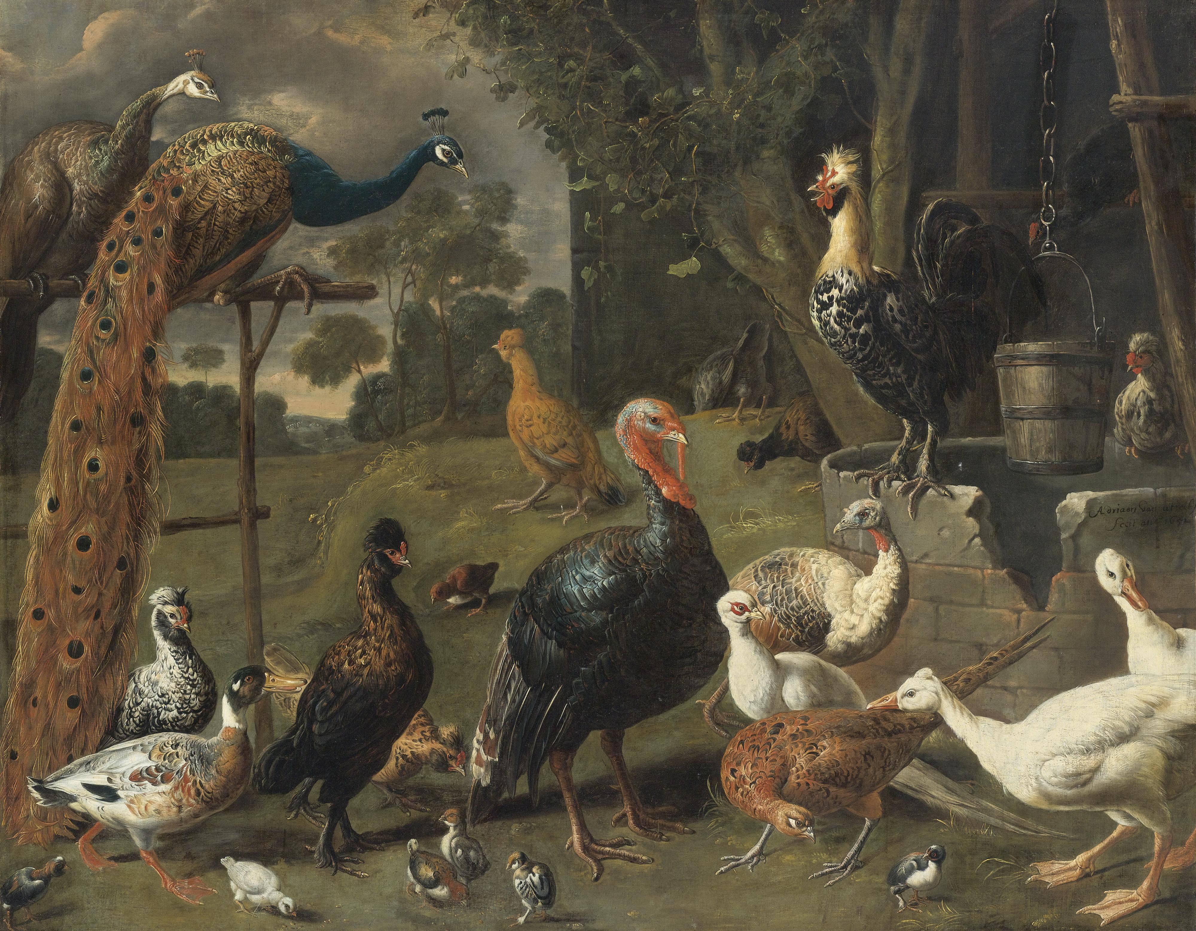 Adriaen Van Utrecht - Peacock And Peahen On A Perch, Turkeys, A Pheasant And Poultry By A Well