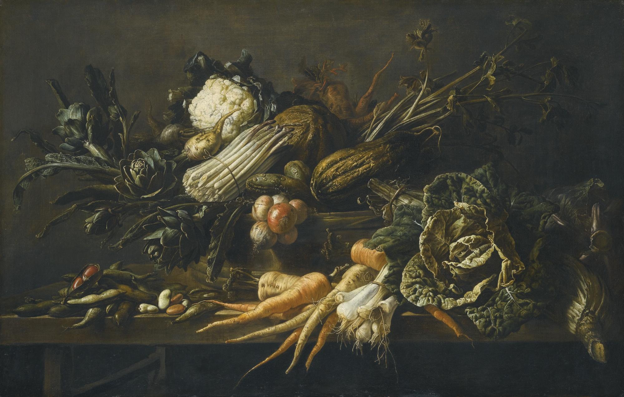 Adriaen Van Utrecht - Still Life Of Artichoke, Asparagus, Green Cabbage, Onion, Beans, Carrots And Other Vegetables, All Upon A Wooden Bench
