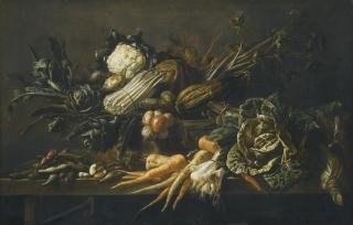 Adriaen Van Utrecht - Still Life Of Artichoke, Asparagus, Green Cabbage, Onion, Beans, Carrots And Other Vegetables, All Upon A Wooden Bench