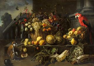 Adriaen van Utrecht - Stillleben mit Früchten, Gemüse und einem Papagei