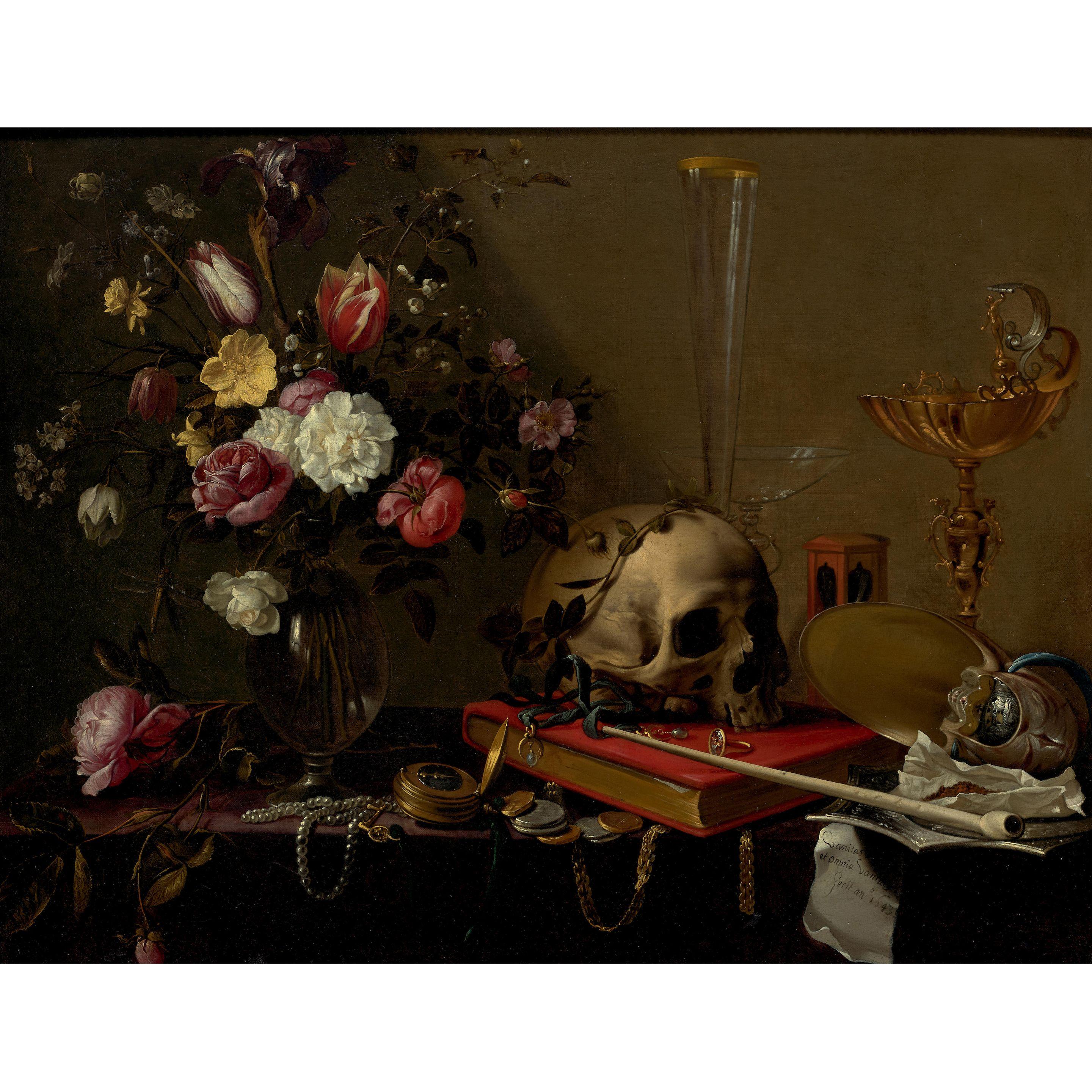 Adriaen van Utrecht - Vanitas still life with a bouquet and a skull 26 9/16 x 33 15/16 in (67.5 x 86.2 cm)