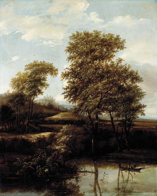 Adriaen Verboom - A river landscape with fishermen on a boat, a town and castles beyond