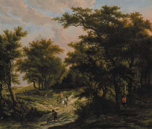Adriaen Verboom - A wooded landscape with hunters by a cottage